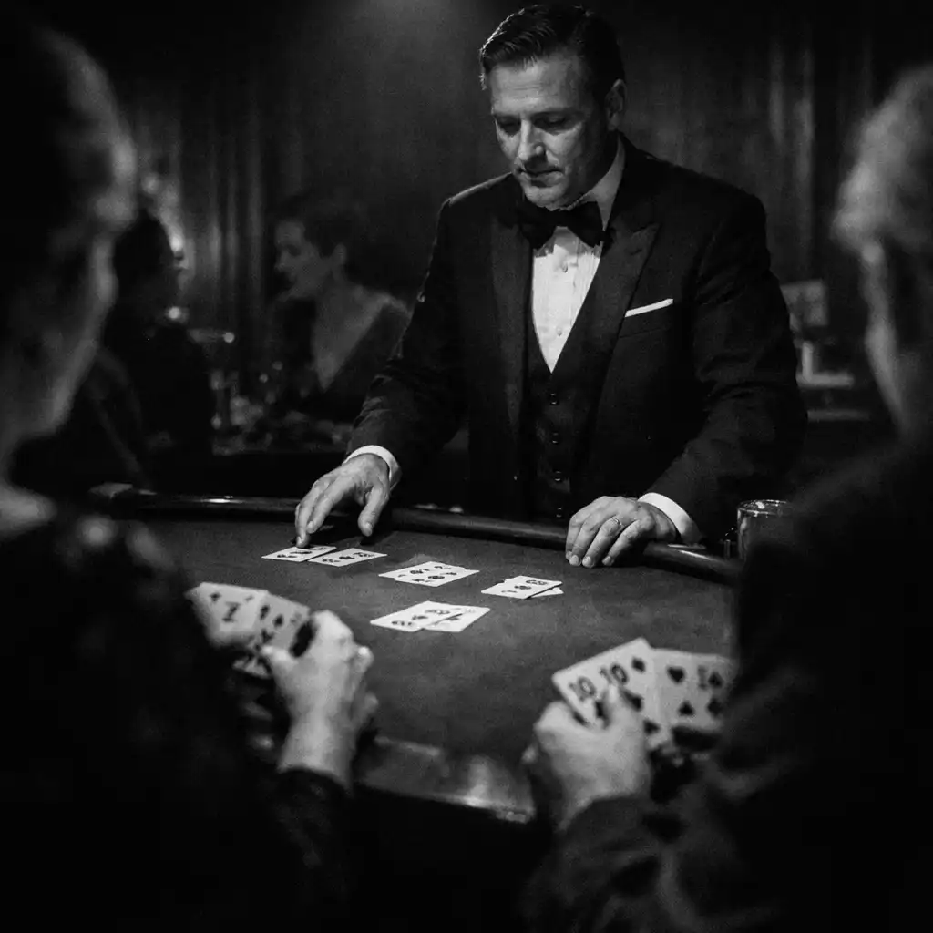 Házigazda vezet egy felnőtt vendégekből álló blackjackasztalt egy sötét éttermi térben