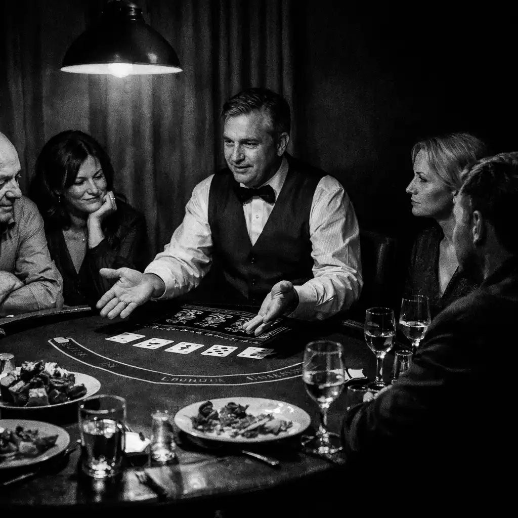 Vendégek közös étkezés és vezetett blackjackasztal mellett egy noir hangulatú éttermi térben